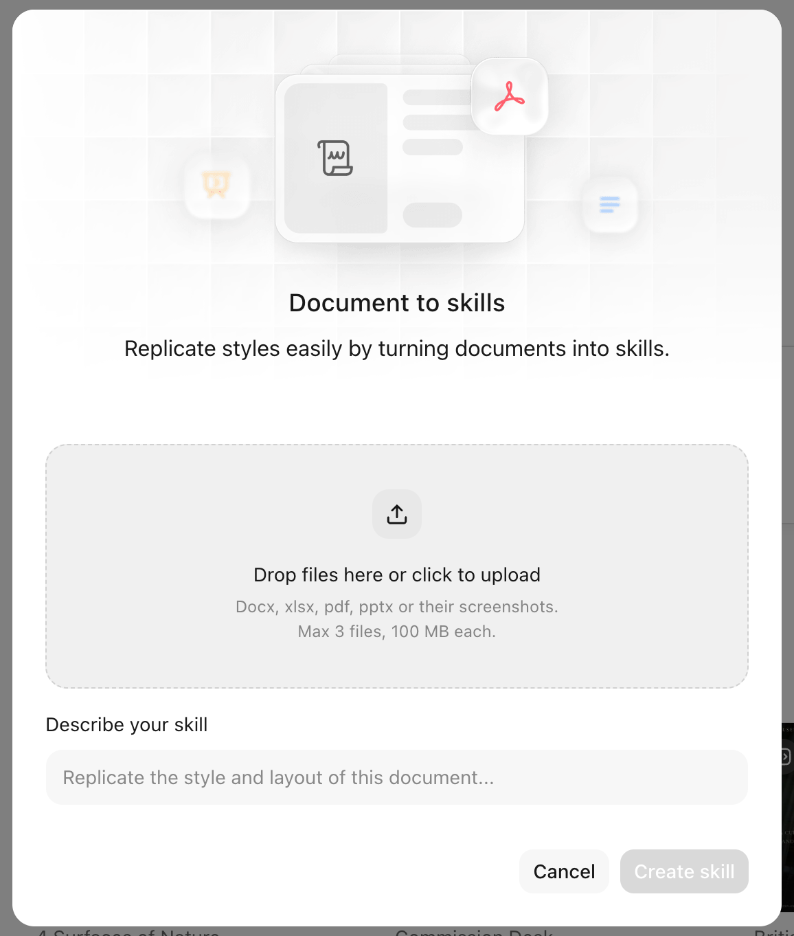 Upload documents to generate skills