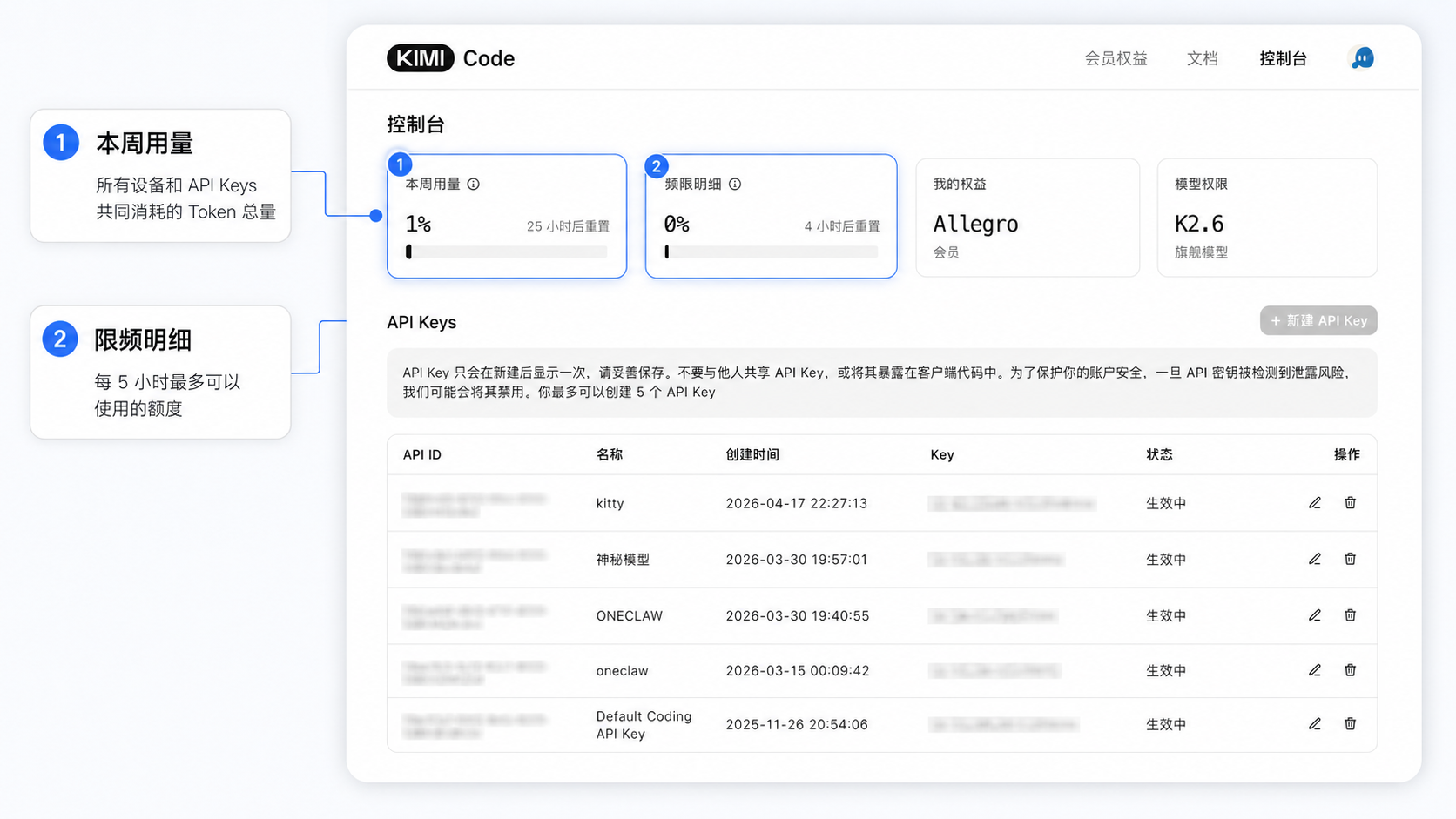 控制台额度示意图